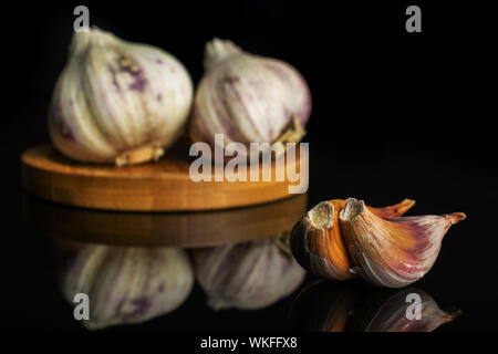 Group of two whole two pieces of organic white garlic allium sativum on bamboo coaster isolated on black glass Stock Photo