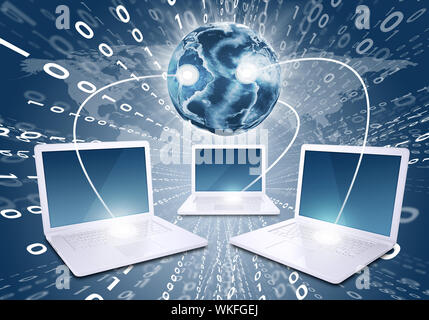 Laptops with Earth against world map background. Connections and network. Elements of this image are furnished by NASA Stock Photo