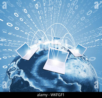 Laptops with Earth against world map background. Connections and network. Elements of this image are furnished by NASA Stock Photo