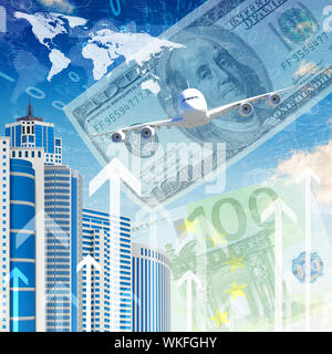 Airplane with the background of skyscrapers and arrows. Concept growth ...
