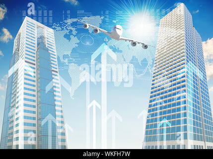 Airplane with background of skyscrapers and arrows Stock Photo - Alamy