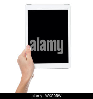 Woman hand displaying new tablet pc Stock Photo