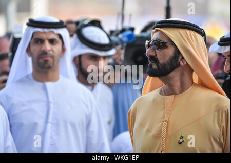 DUBAI, UAE, 28th March 2015. His Highness  Shaikh Mohammed bin Rashid Al Maktoum  Vice President and Prime Minister of the United Arab Emirates (UAE), and ruler of Dubai. watches over the proceedings at the 2015 Dubai World Cup at Meydan Stock Photo
