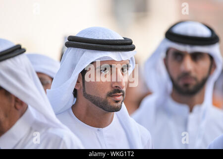 DUBAI, UAE, 28th March 2015. His Highness  Sheikh Hamdan bin Mohammed bin Rashid Al Maktoum Crown Prince of Dubai. watches over the proceedings at the 2015 Dubai World Cup at Meydan Stock Photo