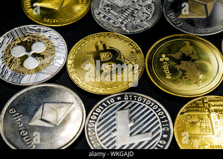 physical version of bitcoin that is a new virtual money world cryptocurrency and digital payment system by using blockchain technology Stock Photo