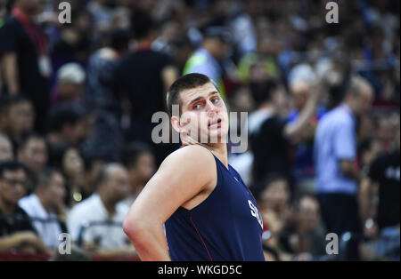 Foshan, China's Guangdong Province. 4th Sep, 2019. Nikola Jokic of Serbia reacts during the group D match between Italy and Serbia at the 2019 FIBA World Cup in Foshan, south China's Guangdong Province, Sept. 4, 2019. Credit: Xue Yubin/Xinhua/Alamy Live News Stock Photo