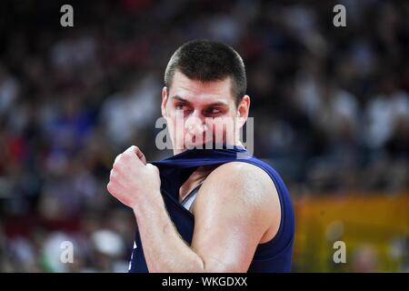 Foshan, China's Guangdong Province. 4th Sep, 2019. Nikola Jokic of Serbia reacts during the group D match between Italy and Serbia at the 2019 FIBA World Cup in Foshan, south China's Guangdong Province, Sept. 4, 2019. Credit: Xue Yubin/Xinhua/Alamy Live News Stock Photo