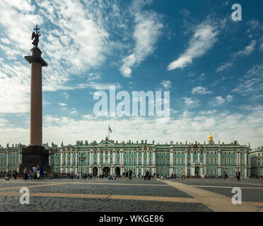 Column of Alexander in the Dvortsovaya square in Saint Petersburg, Russia. Hermitage museum, Winter Palace.