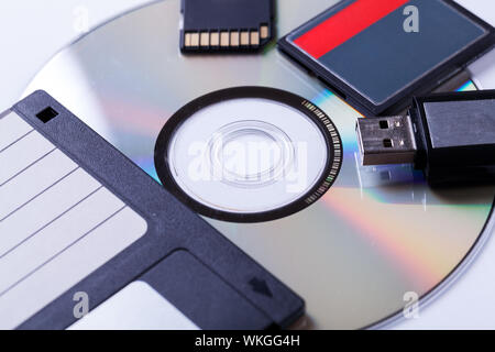 Selection of different computer storage devices for data and information including a CD-DVD, floppy disc, USB key, compact flash card and SD card view Stock Photo