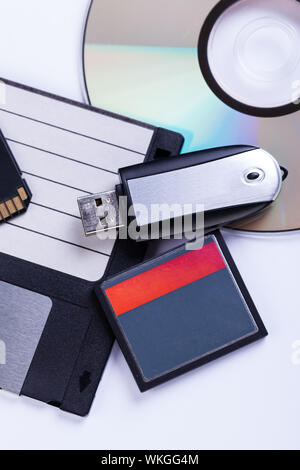 Selection of different computer storage devices for data and information including a CD-DVD, floppy disc, USB key, compact flash card and SD card view Stock Photo