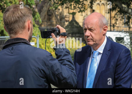 Westminster, London, 04th Sep 2019. Damian Green, MP, Conservative, former First Secretary of State and Minister for the Cabinet Office, is interviewed on College Green. Credit: Imageplotter/Alamy Live News Stock Photo