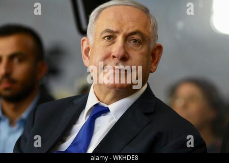 Hebron, Palestinian Territories. 04th Sep, 2019. Israeli Prime Minister Benjamin Netanyahu attends a state memorial ceremony commemorating 90 years since the 1929 Hebron massacre, during which 67 Jews were killed in Palestinian riots, at the Tomb of the Patriarchs. Credit: Ilia Yefimovich/dpa/Alamy Live News Stock Photo