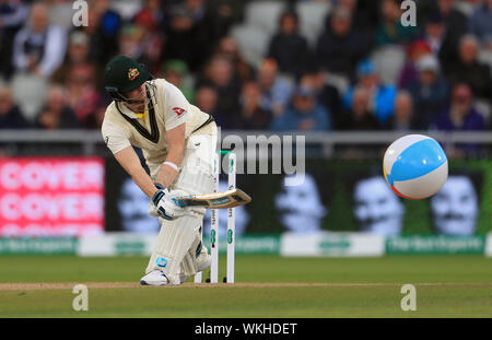 Australia's Steve Smith hits a beach ball during day one of the fourth Ashes Test at Emirates Old Trafford, Manchester. Stock Photo