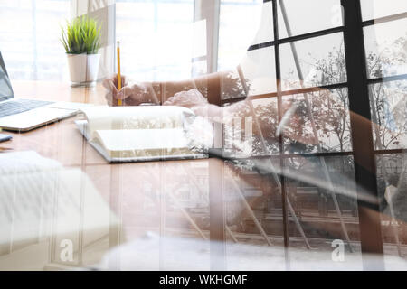 man studying design lesson with graphic tablet. college student learning online taking note Stock Photo