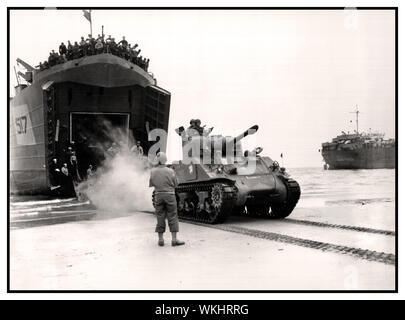 NORMANDY WW2 INVASION 1944 LST-517 amphibious (landing ship tank) offloading a Sherman tank of the French 2nd Armored Division, August 1944 During World War II, LST-517 was assigned to the European theater and participated in the invasion of Normandy on 6 June 1944 Second World War Stock Photo