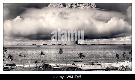 Bikini Atoll Vintage 1946 b&w image post war image of OPERATION CROSSROADS The underwater 'Baker' nuclear weapon test on 25 July 1946 in North East lagoon of Bikini Atoll. Photographed from a tower on Bikini Island 5.6 km away. Photo: US Army. Stock Photo