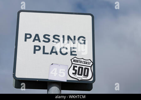 Detail of sign on the North Coast 500 tourist motoring route in northern Scotland, UK Stock Photo