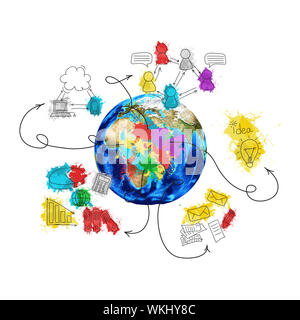 Earth with colored business sketches. Isolated on white background. Elements of this image are furnished by NASA Stock Photo