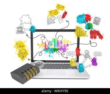 Laptop with combination lock and colored business sketches. Isolated on white background Stock Photo