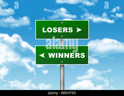 Crossroads road sign. Pointer to the right LOSERS, but WINNERS left. Choice concept Stock Photo