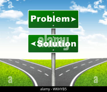 Crossroads road sign. Pointer to the right Problem, but Solution left. Choice concept Stock Photo
