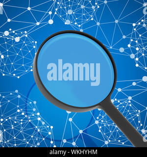 Magnifying glass examines network in background. Business concept Stock Photo