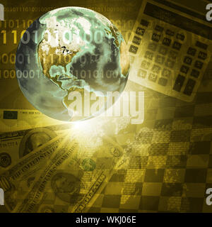 Earth, digits and keyboard on money background. Business concept. Elements of this image are furnished by NASA Stock Photo