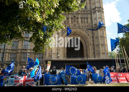Sept 4th 2019 Parliament. European flags and Leave placards in front of Parliament.