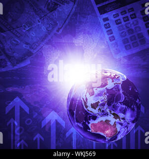 Earth, world map and arrow on money background. Business concept. Elements of this image are furnished by NASA Stock Photo