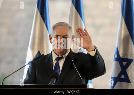 Hebron, Palestinian Territories. 04th Sep, 2019. Israeli Prime Minister Benjamin Netanyahu delivers a speech during a state memorial ceremony commemorating 90 years since the 1929 Hebron massacre, during which 67 Jews were killed in Palestine riots. Credit: Ilia Yefimovich/dpa/Alamy Live News Stock Photo