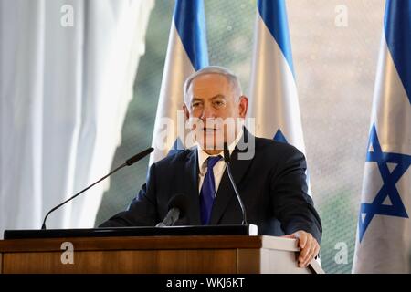 Hebron, Palestinian Territories. 04th Sep, 2019. Israeli Prime Minister Benjamin Netanyahu delivers a speech during a state memorial ceremony commemorating 90 years since the 1929 Hebron massacre, during which 67 Jews were killed in Palestine riots. Credit: Ilia Yefimovich/dpa/Alamy Live News Stock Photo