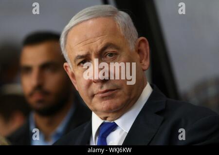 Hebron, Palestinian Territories. 04th Sep, 2019. Israeli Prime Minister Benjamin Netanyahu attends a state memorial ceremony commemorating 90 years since the 1929 Hebron massacre, during which 67 Jews were killed in Palestine riots. Credit: Ilia Yefimovich/dpa/Alamy Live News Stock Photo