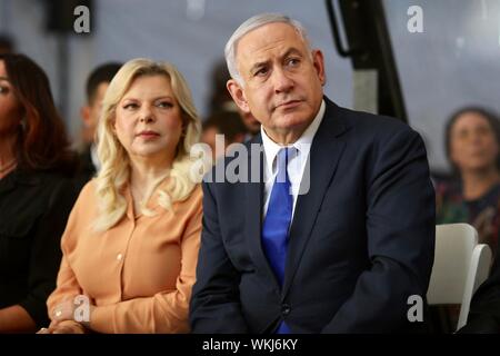 Hebron, Palestinian Territories. 04th Sep, 2019. Israeli Prime Minister Benjamin Netanyahu, and his wife Sara attend a state memorial ceremony commemorating 90 years since the 1929 Hebron massacre, during which 67 Jews were killed in Palestine riots. Credit: Ilia Yefimovich/dpa/Alamy Live News Stock Photo