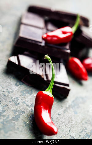 dark chocolate with chilli pepper - sweet food Stock Photo