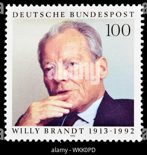 German postage stamp (1992) : Willy Brandt (orig: Herbert Ernst Karl Frahm : 1913-1992) leader of the German Social Democratic Party (SPD, 1964 - 1987 Stock Photo