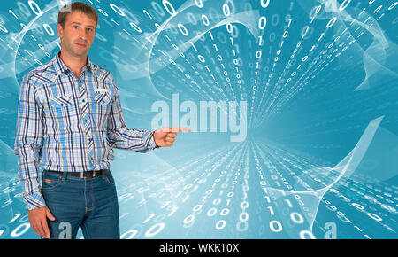 Man points with his left hand. Figures as backdrop. Connections and network Stock Photo