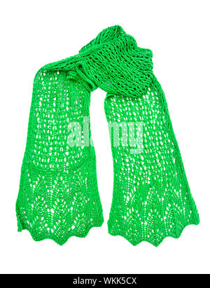 Green scarf hand knitted with bamboo yarn fashion accessory on an isolated white background. Stock Photo