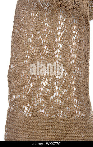 Lace kniited brown scarf fashion accessory isolated on a white background.  This fiber art scarf a delicate handcrafted yarn handknit object. Stock Photo