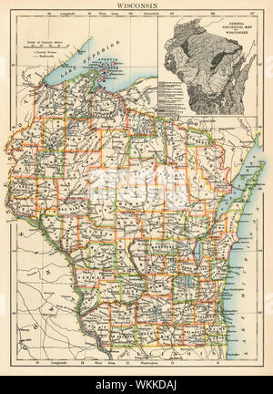Map of Wisconsin, 1870s. Color lithograph