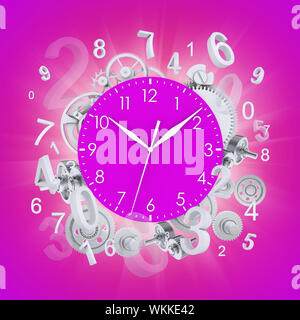 Clock face with springs and gears. Pink background Stock Photo