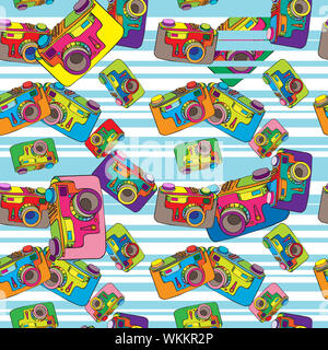 Hand drawn doodle illustration of a seamless pattern with a vintage camera in different colors over a striped background Stock Photo