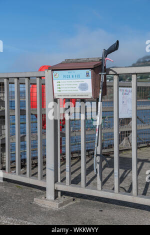 Litter picking station at Pettycur Beach, Kinghorn, Fife, Scotland Stock Photo