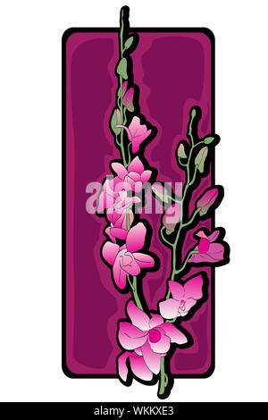 Long orchids clip art over purple label isolated on white Stock Photo