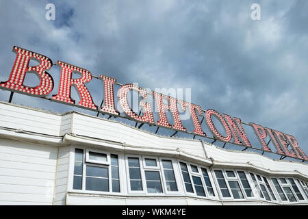Low angle view of the Brighton Palace Pier sign in East Sussex England UK  KATHY DEWITT