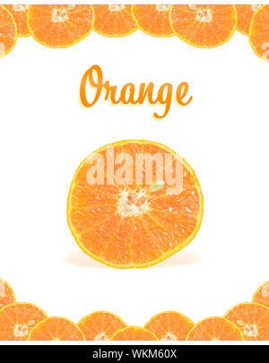 Sliced oranges around the frame, fruit with one seed, Orange fruit. White background. Stock Photo