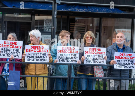 Brentwood, Essex, UK. 4th September 2019 Mini 'Defend democracy' protest in the High Street of Brentwood, Essex, UK. Credit: Ian Davidson/Alamy Live News