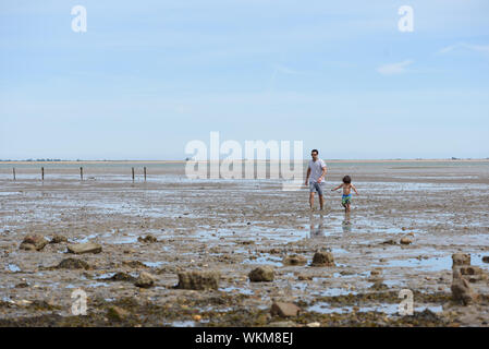 CUDMORE GROVE, ESSEX/ENGLAND - 1ST JUNE 2019 - Man and Boy walking in from the coast across the mud at the seaside coast of the North Sea at Cudmore G Stock Photo