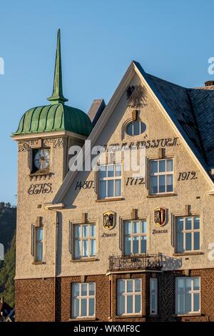 Historical house with clock tower, Bergen, Hordaland, Norway Stock Photo