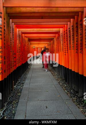 Pedestrian at Fushimi Inari-Taisha, Shinto shrine, way through hundreds of red traditional Torii gates, Fushimi Inari-taisha Okusha Hohaisho, Kyoto Stock Photo