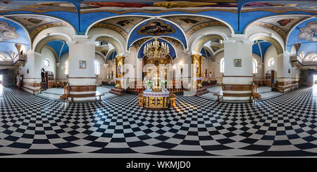 360 degree panoramic view of LVIV, UKRAINE - AUGUST 2019: Full spherical seamless hdri panorama 360 degrees inside interior of old church and onuphrius monastery in equirectangula